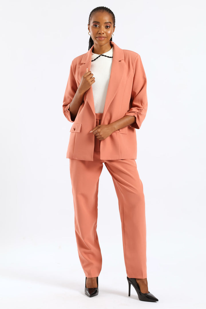 Ruched Sleeve Pocket Button Blazer - Dusty Pink