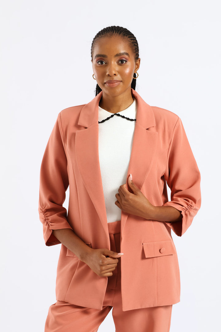 Ruched Sleeve Pocket Button Blazer - Dusty Pink