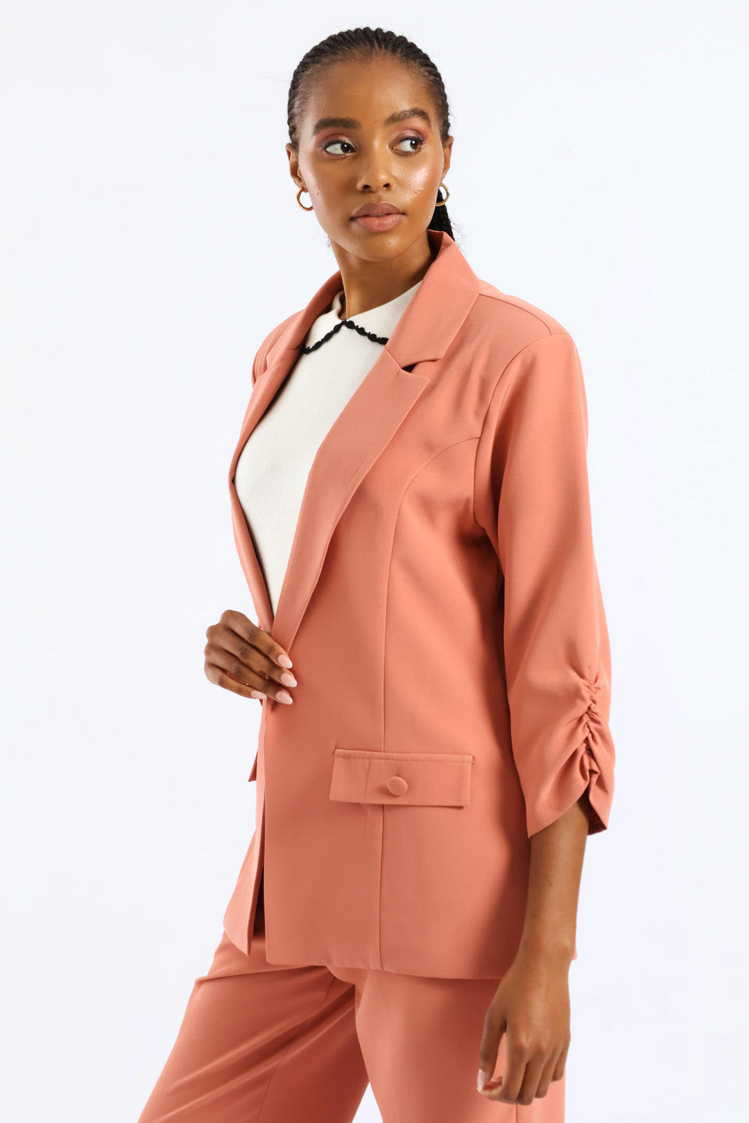 Ruched Sleeve Pocket Button Blazer - Dusty Pink