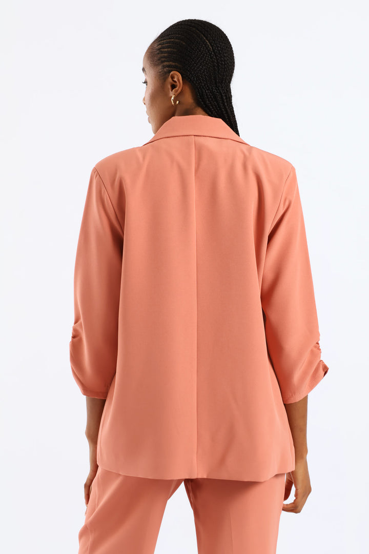 Ruched Sleeve Pocket Button Blazer - Dusty Pink
