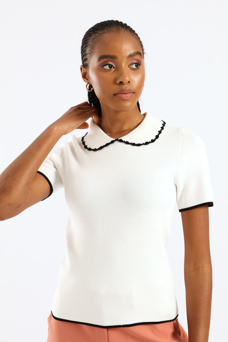 Peter Pan Tipped Pullover - White/Black