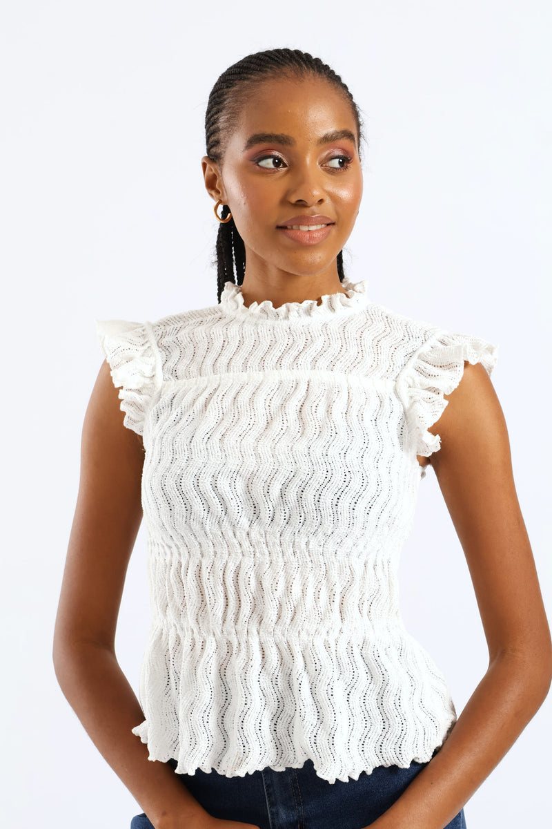 Frill Hi Neck Tank Top - White
