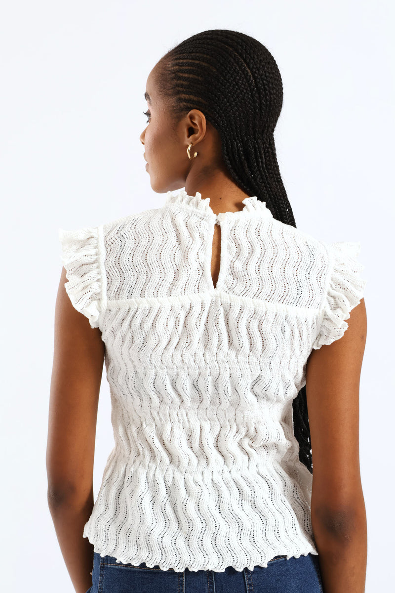 Frill Hi Neck Tank Top - White