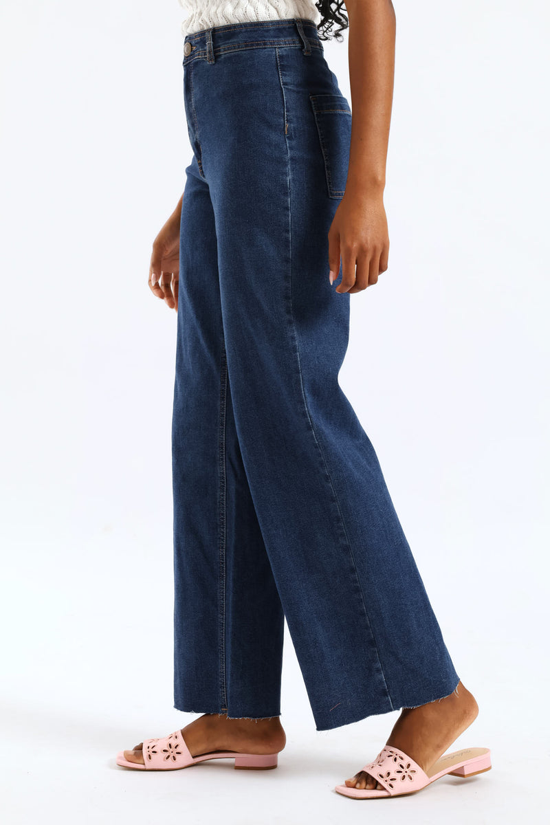 Hi-Rise Wide Raw Hem Wide Leg Jean - Dark Wash