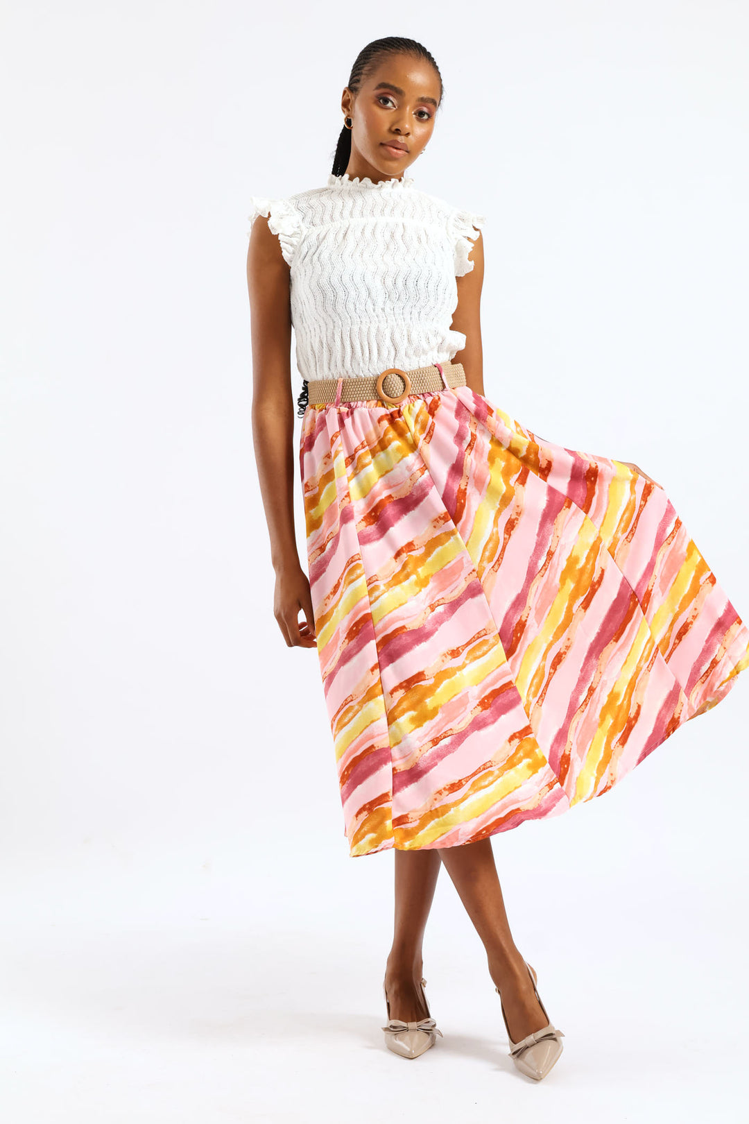 Rafia Belted Pleated Tie-Dye Midi Skirt - Blush