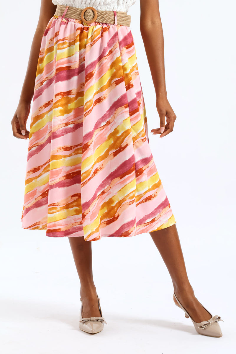 Rafia Belted Pleated Tie-Dye Midi Skirt - Blush