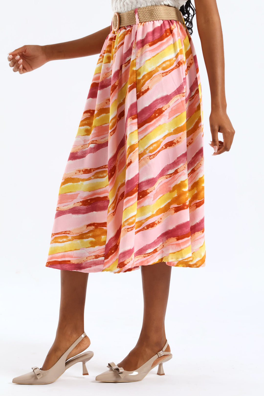 Rafia Belted Pleated Tie-Dye Midi Skirt - Blush