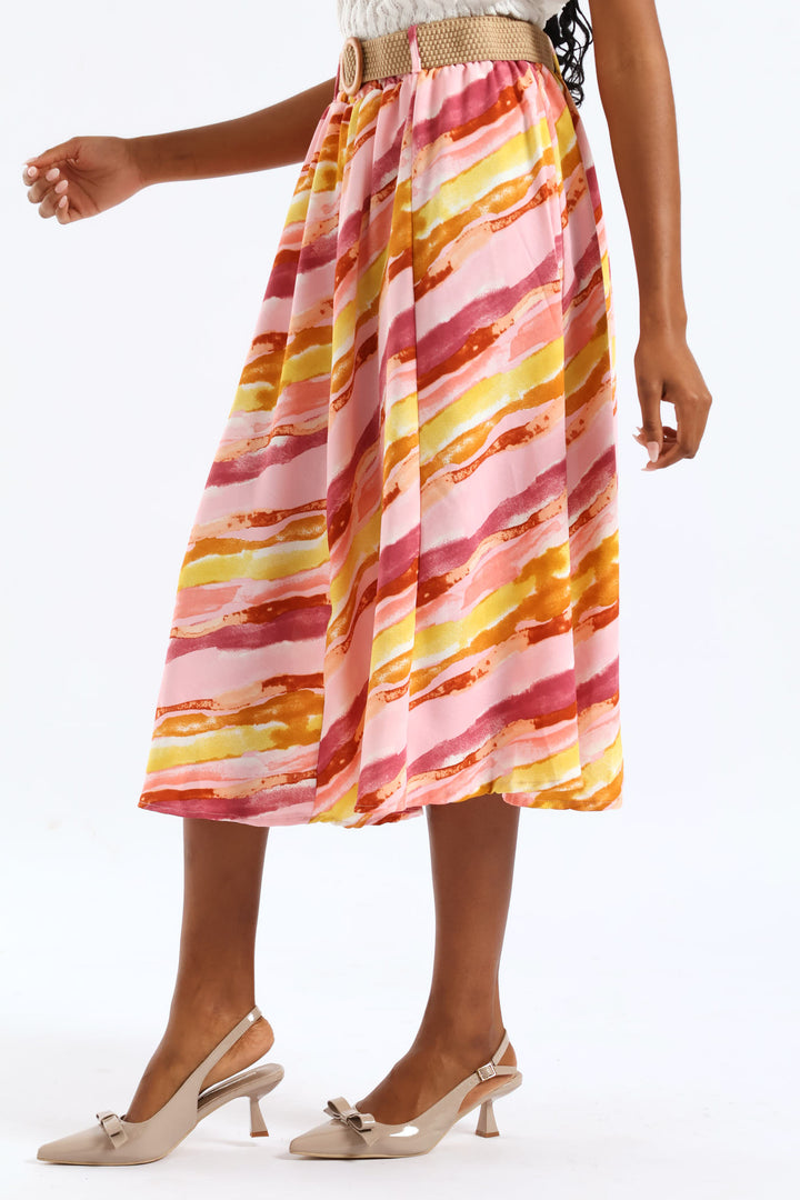 Rafia Belted Pleated Tie-Dye Midi Skirt - Blush
