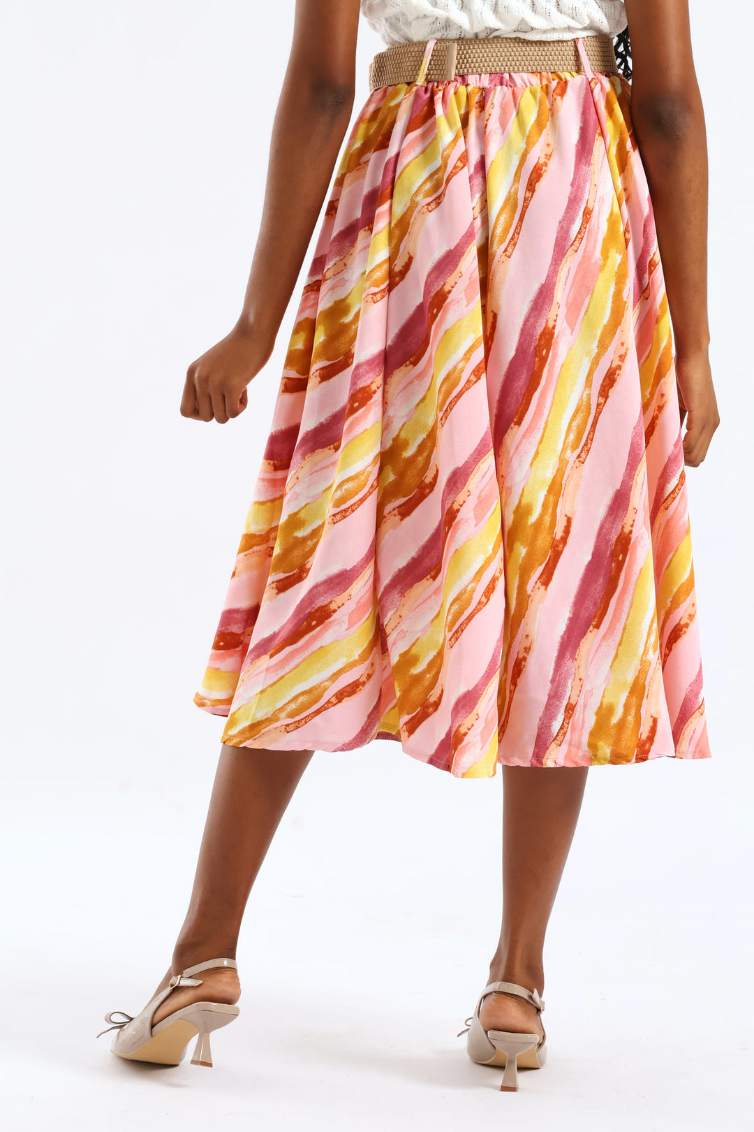 Rafia Belted Pleated Tie-Dye Midi Skirt - Blush