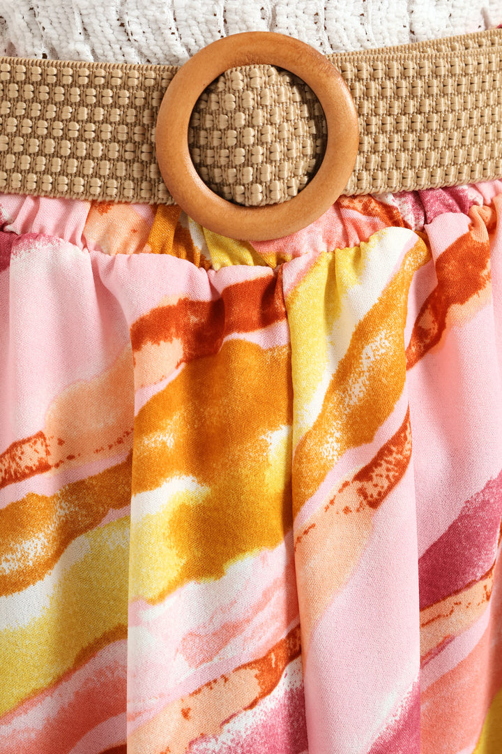 Rafia Belted Pleated Tie-Dye Midi Skirt - Blush