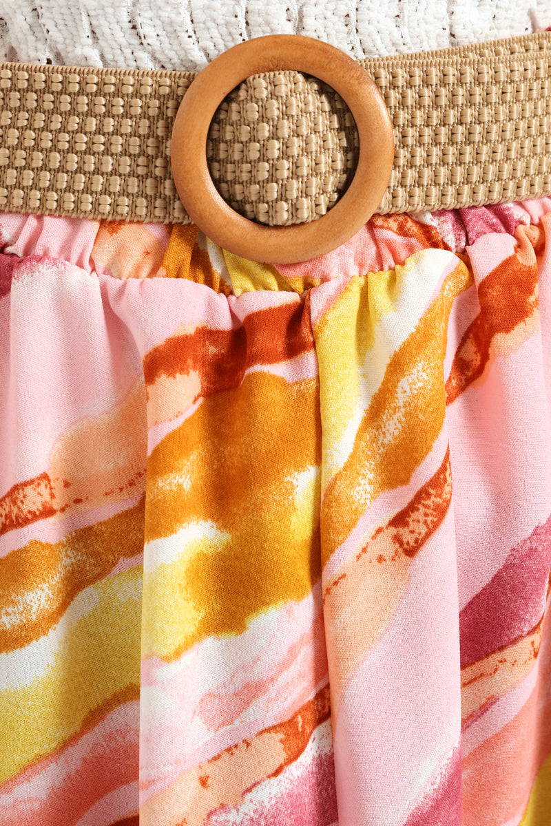 Rafia Belted Pleated Tie-Dye Midi Skirt - Blush