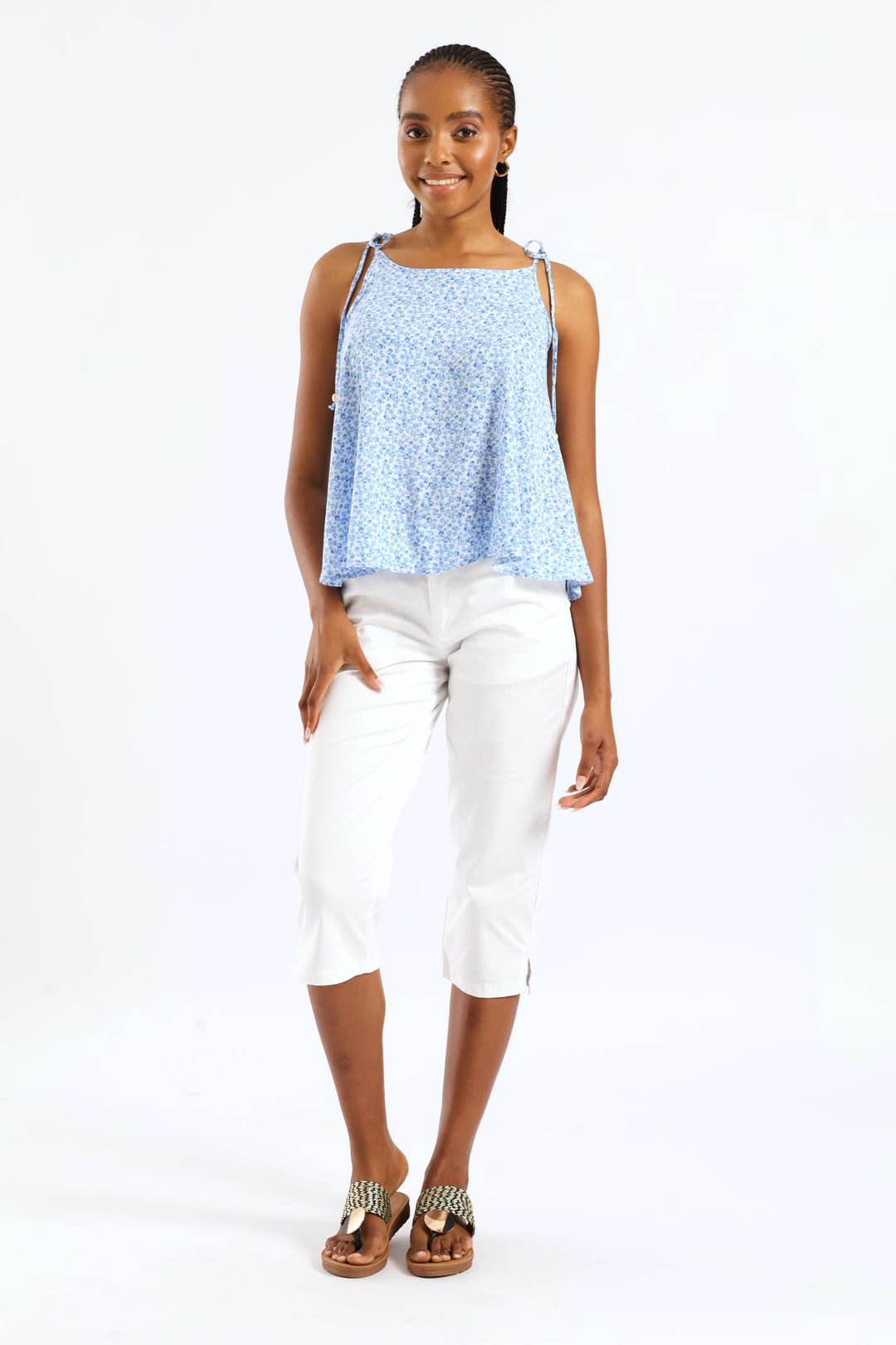 Beaded Shoulder Tie Printed Swing Cami - White/Blue