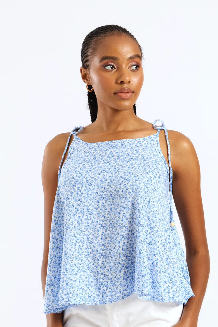 Beaded Shoulder Tie Printed Swing Cami - White/Blue