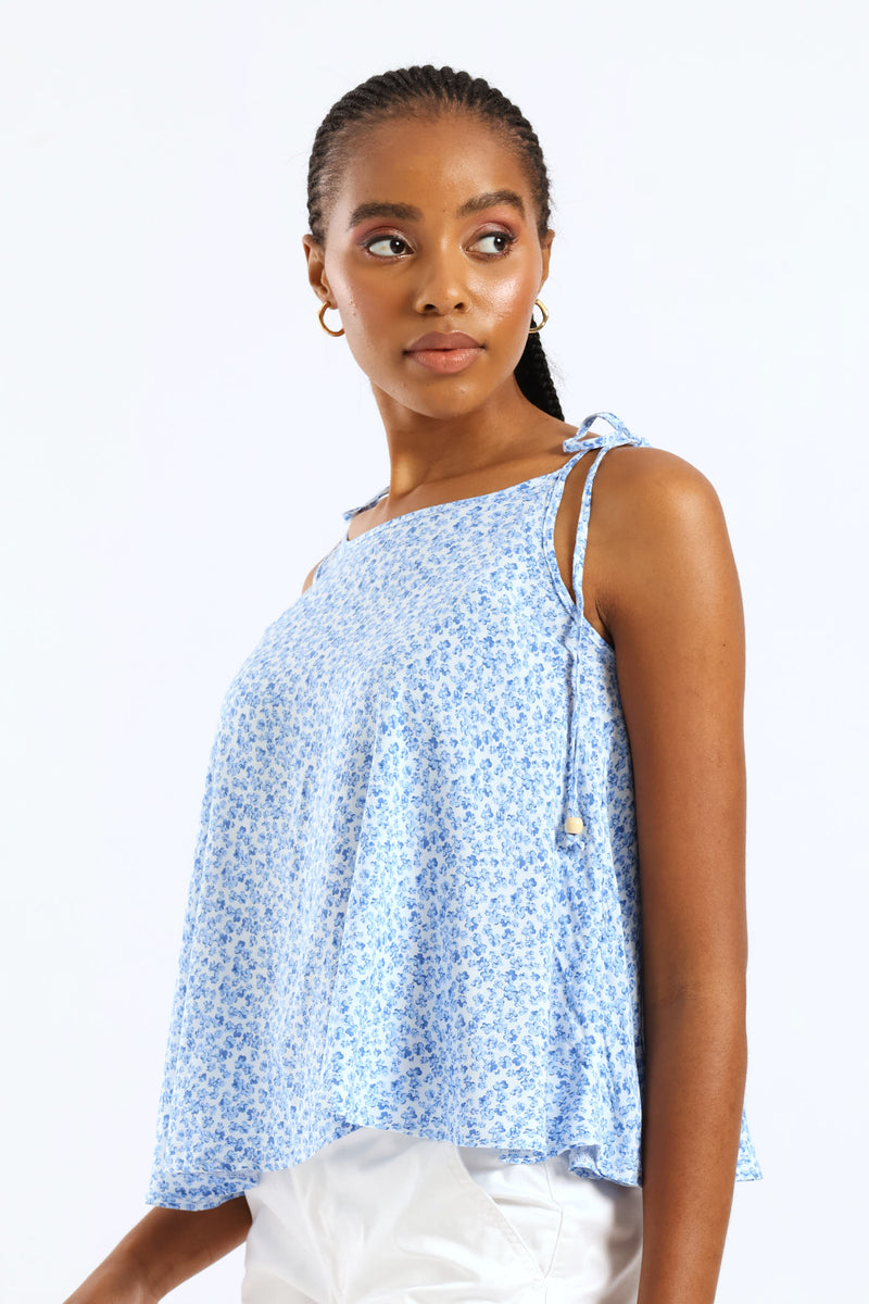 Beaded Shoulder Tie Printed Swing Cami - White/Blue