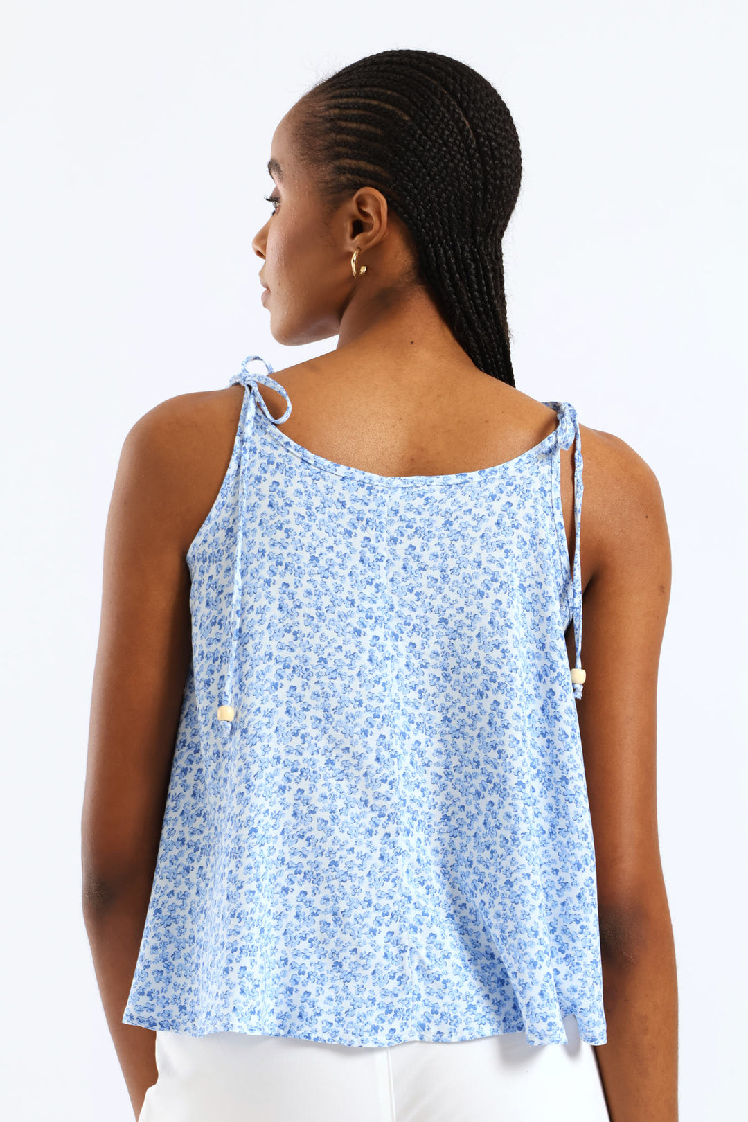 Beaded Shoulder Tie Printed Swing Cami - White/Blue