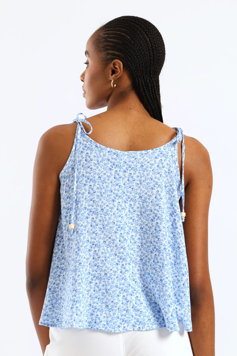 Beaded Shoulder Tie Printed Swing Cami - White/Blue