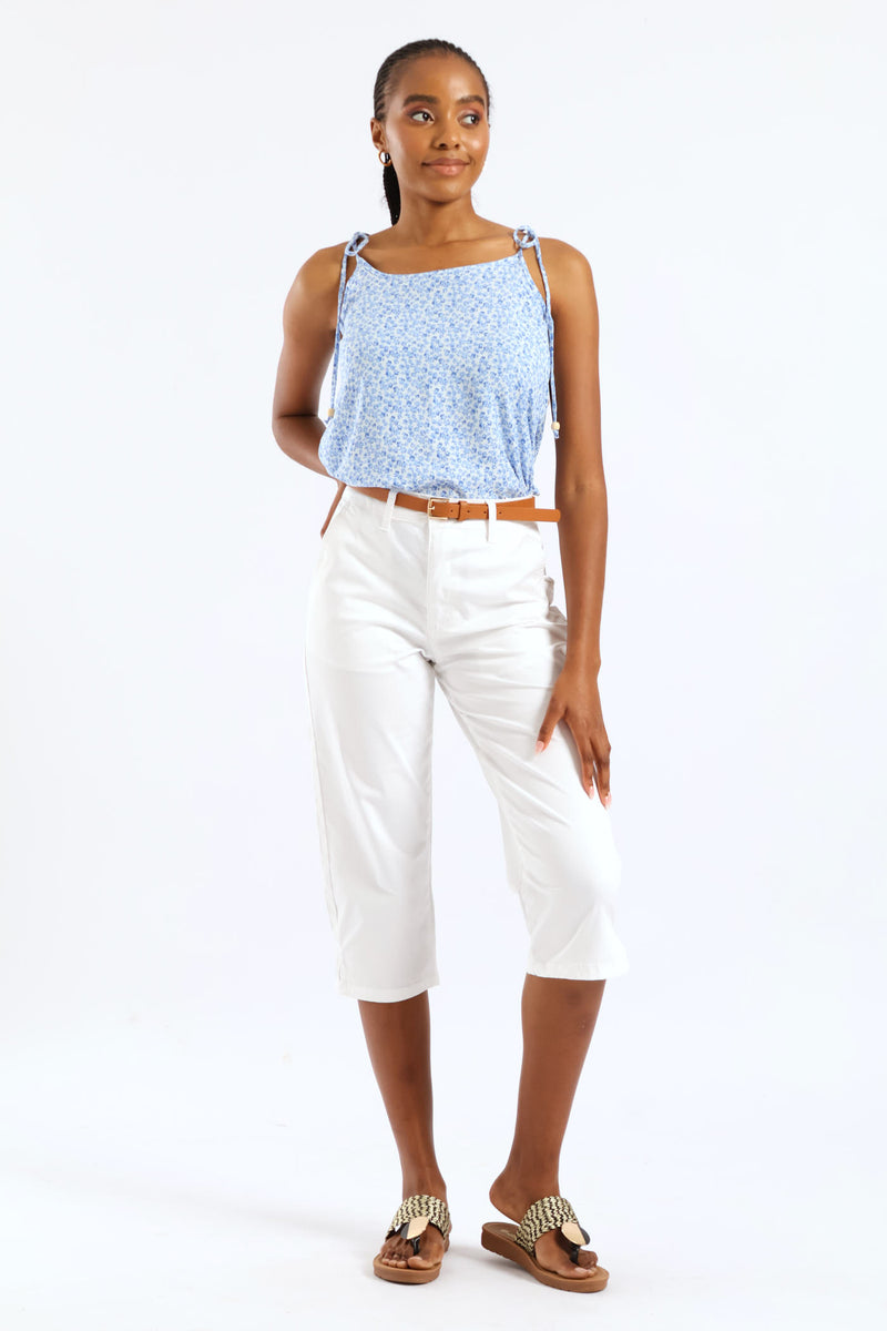 Belted Sateen Chino Capri Short - White