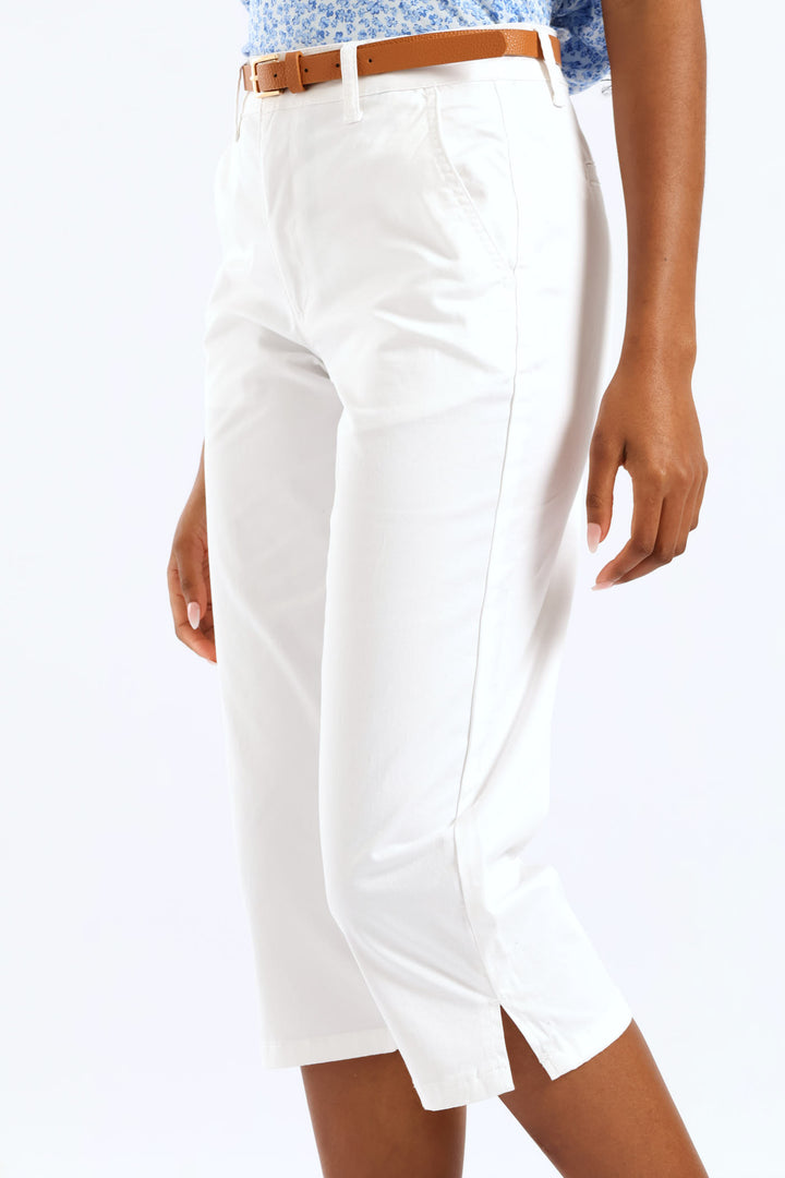Belted Sateen Chino Capri Short - White