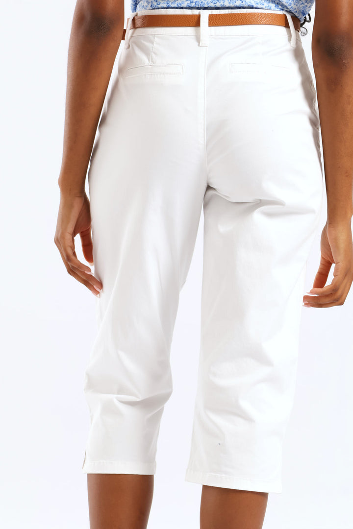 Belted Sateen Chino Capri Short - White