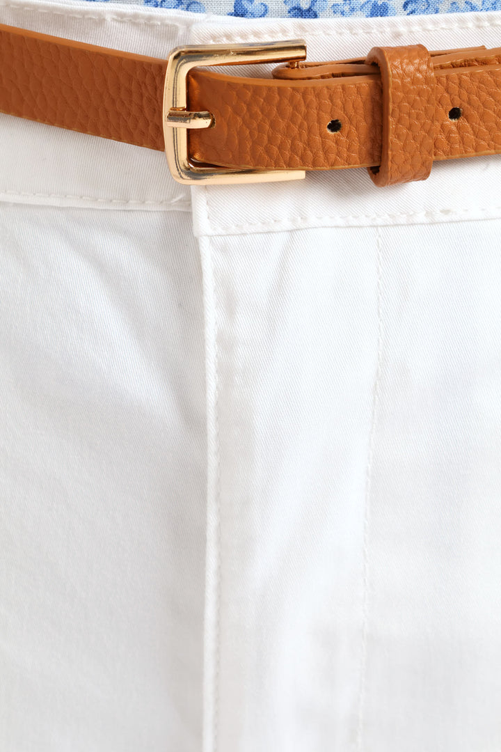 Belted Sateen Chino Capri Short - White
