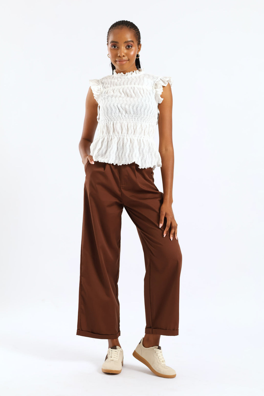 Super Hi-Waist Pleated Turnup Barrel Anklegrazer Pant - Dark Brown