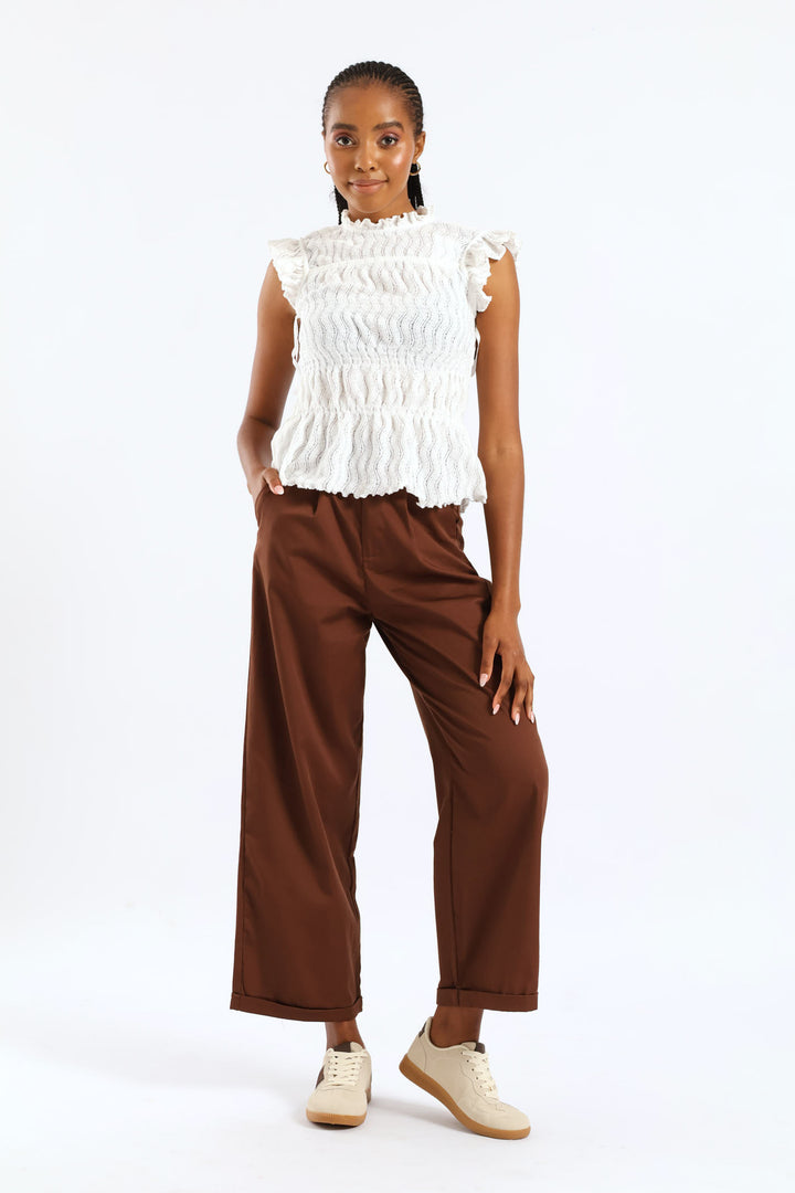 Super Hi-Waist Pleated Turnup Barrel Anklegrazer Pant - Dark Brown