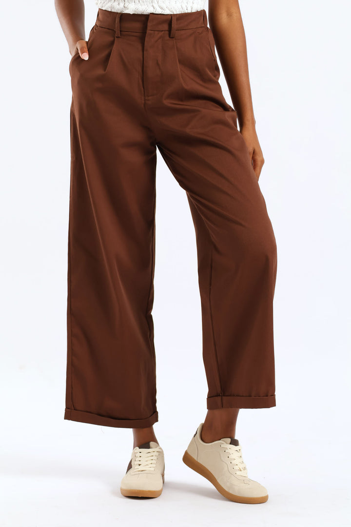 Super Hi-Waist Pleated Turnup Barrel Anklegrazer Pant - Dark Brown