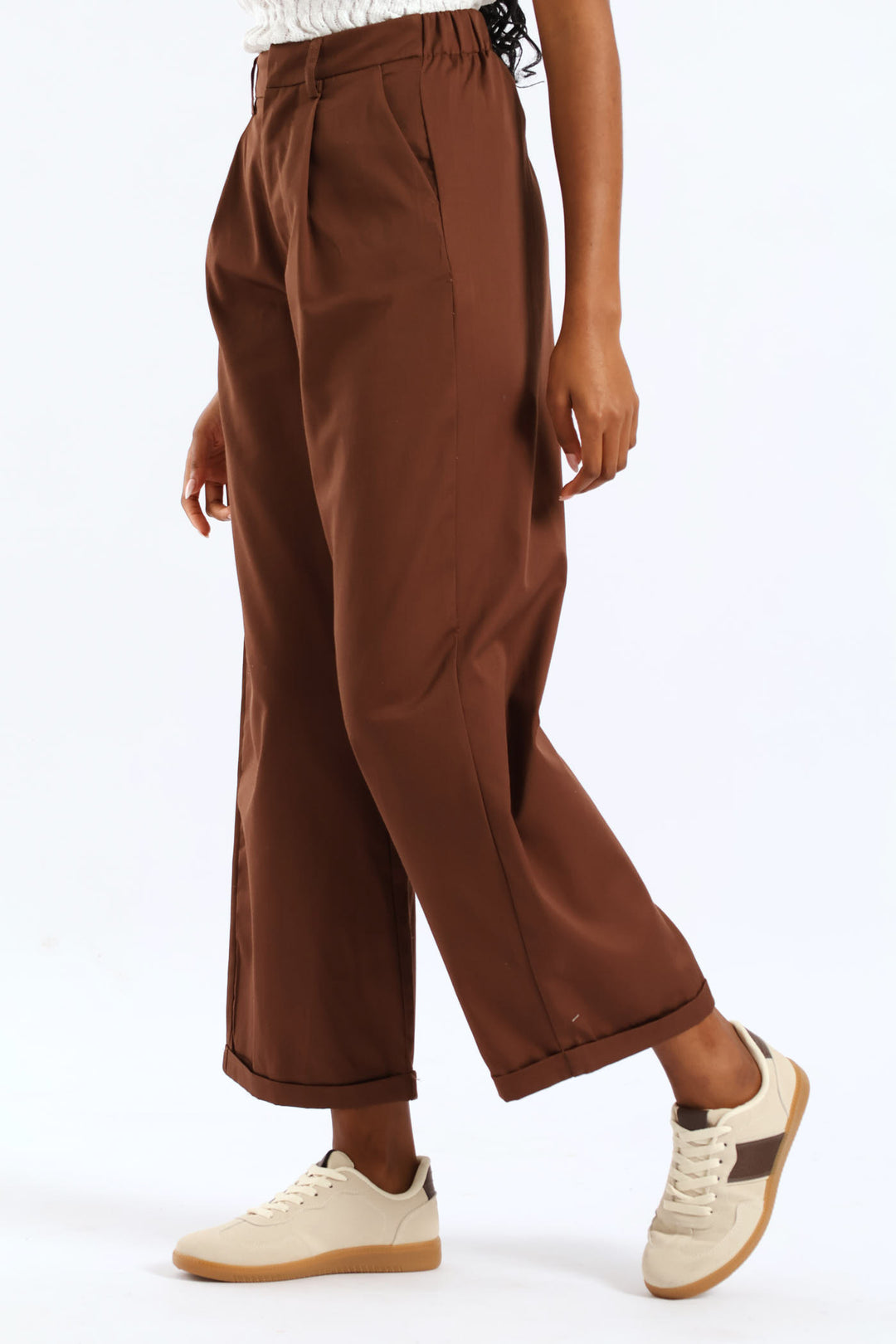 Super Hi-Waist Pleated Turnup Barrel Anklegrazer Pant - Dark Brown