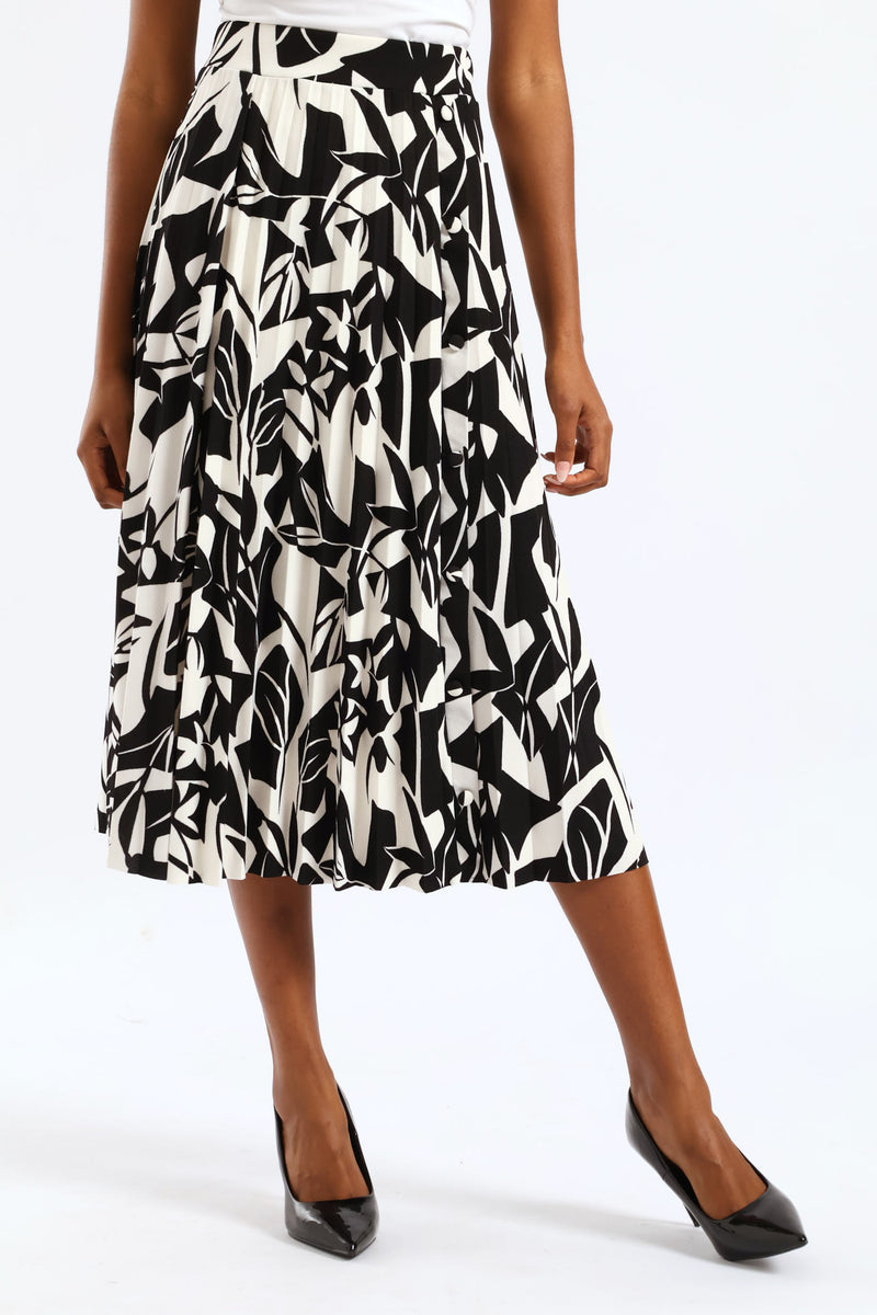 Button Pleated Midi Skirt - Black/Cream