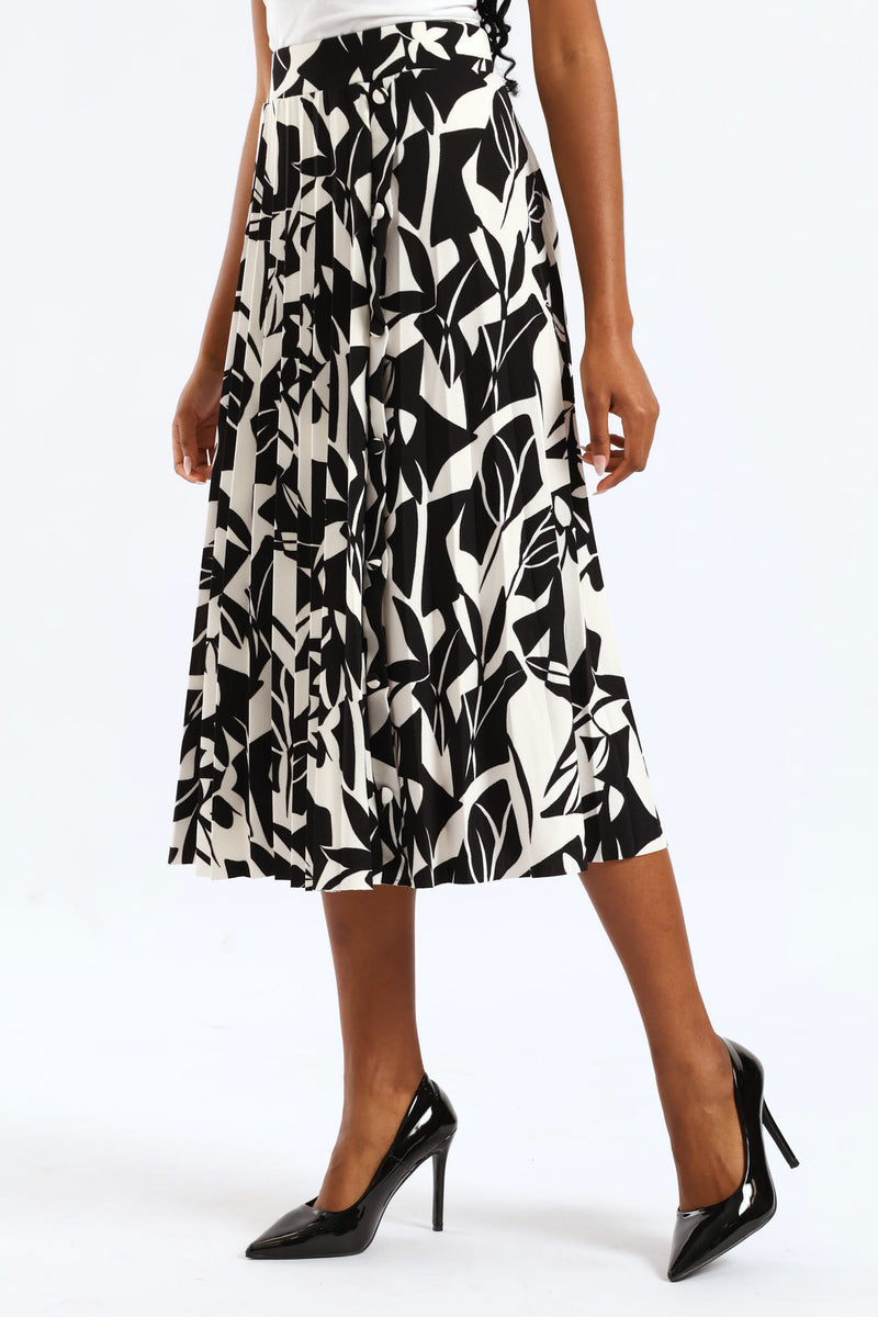 Button Pleated Midi Skirt - Black/Cream