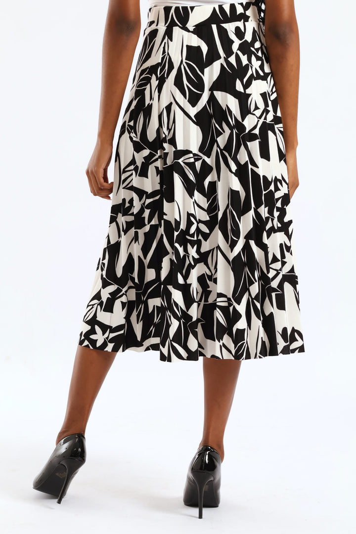 Button Pleated Midi Skirt - Black/Cream