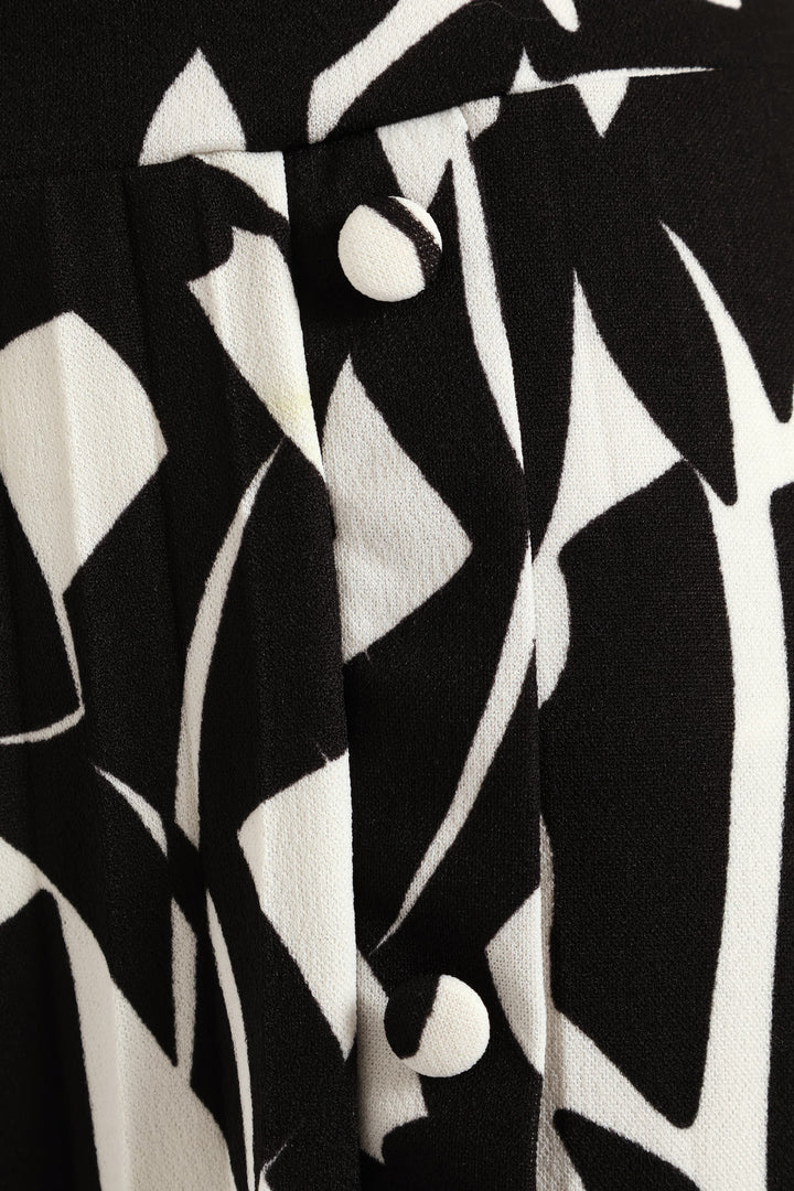 Button Pleated Midi Skirt - Black/Cream