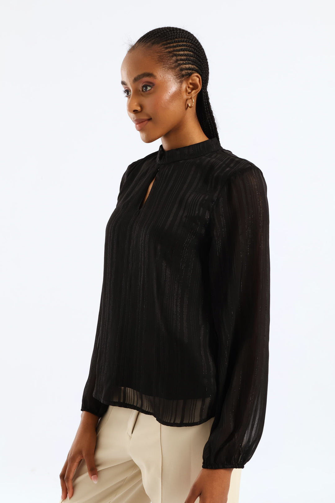 Hi Neck Keyhole Blouse - Black