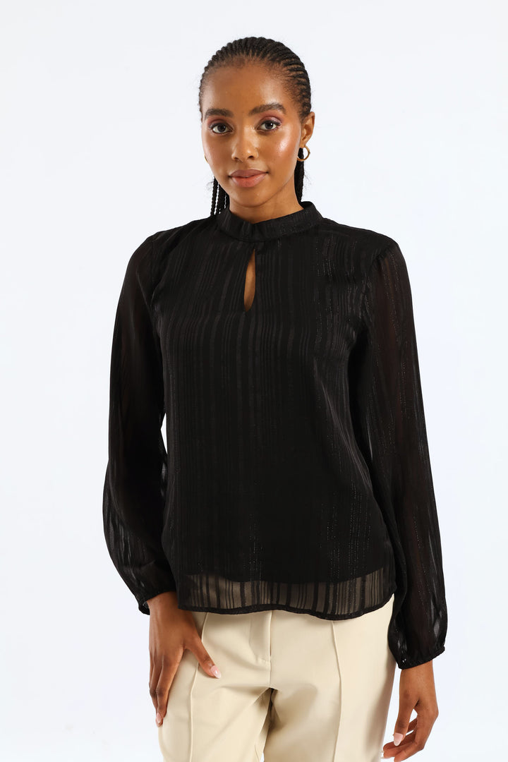 Hi Neck Keyhole Blouse - Black