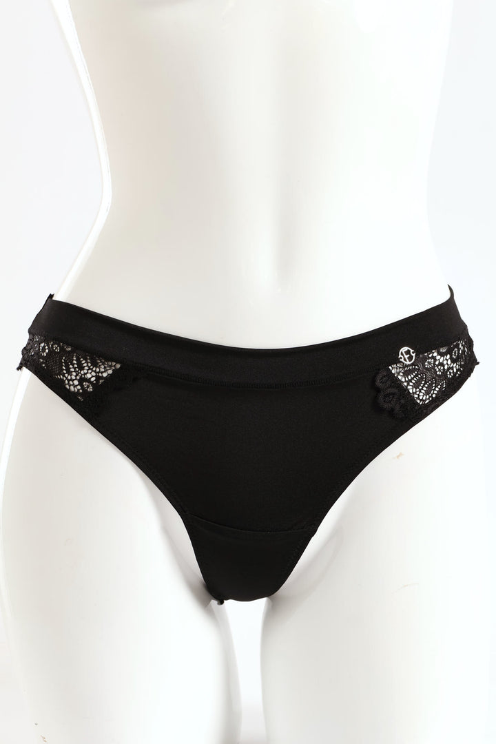 3 Pack Shiny Microfibre & Galloon Lace Thong - Chai/Black/Milk