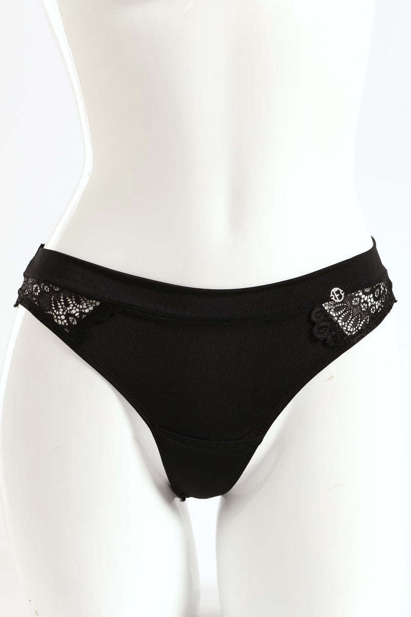 3 Pack Shiny Microfibre & Galloon Lace Thong - Chai/Black/Milk