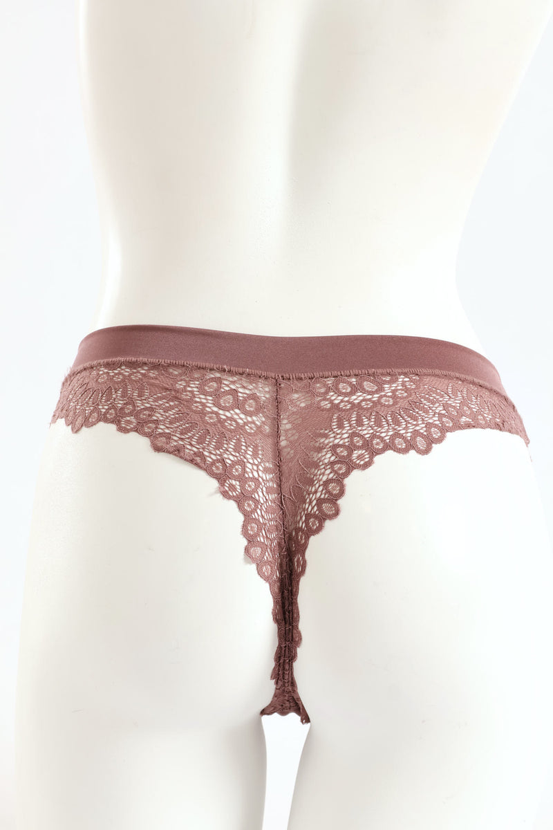 3 Pack Shiny Microfibre & Galloon Lace Thong - Chai/Black/Milk