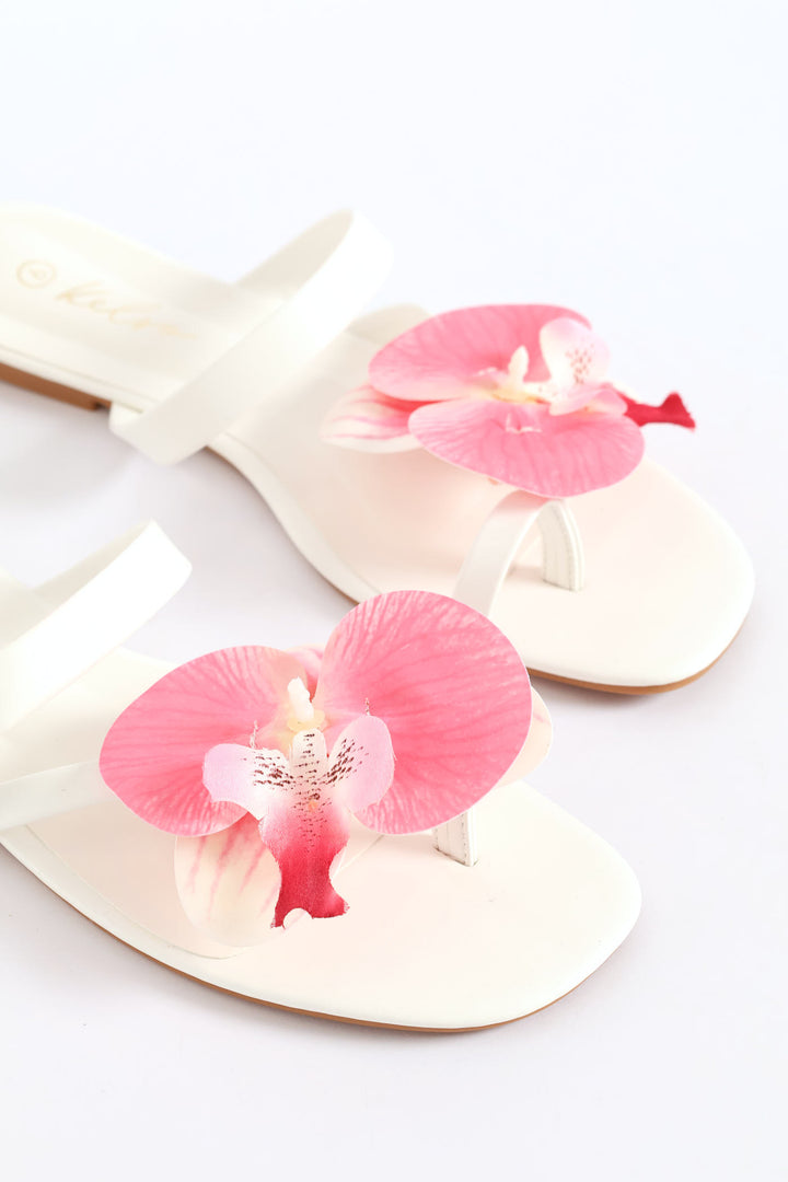Orchid Flower Toe Post Sandal - White/Pink