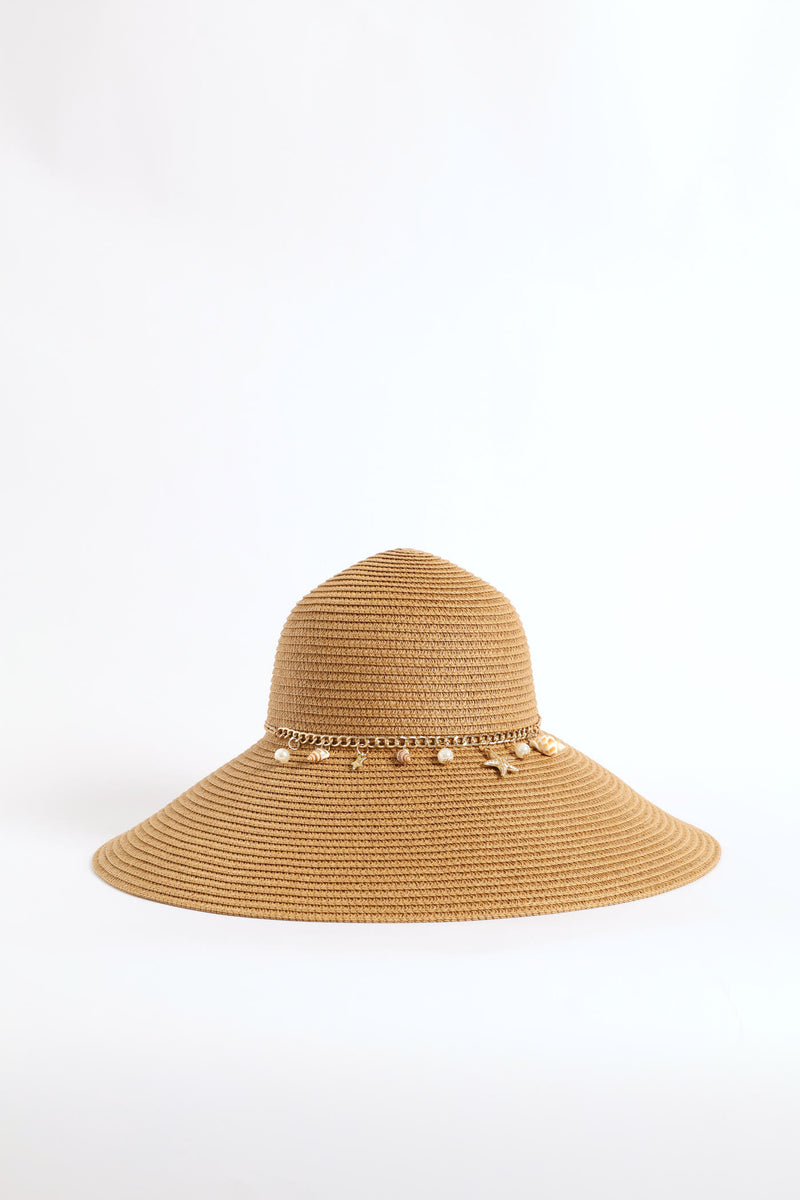 Shell Detail Turn Down Straw Hat - Tan