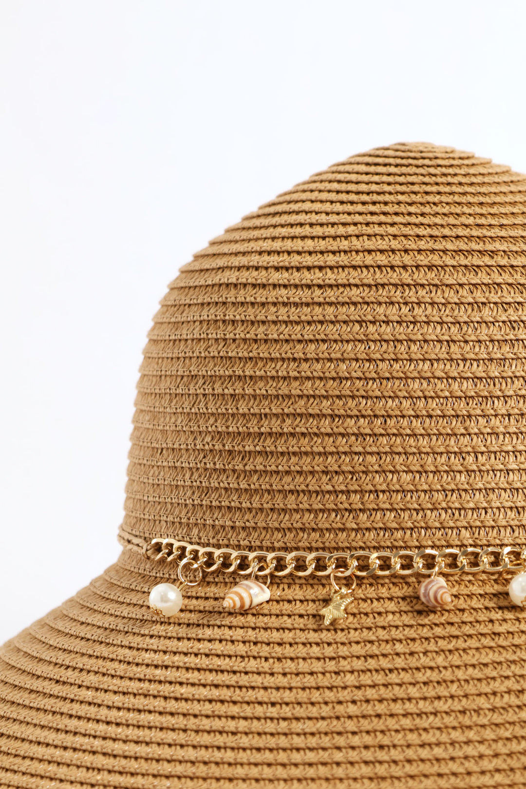 Shell Detail Turn Down Straw Hat - Tan