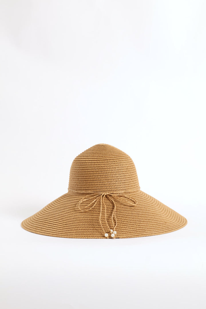 Shell Detail Turn Down Straw Hat - Tan