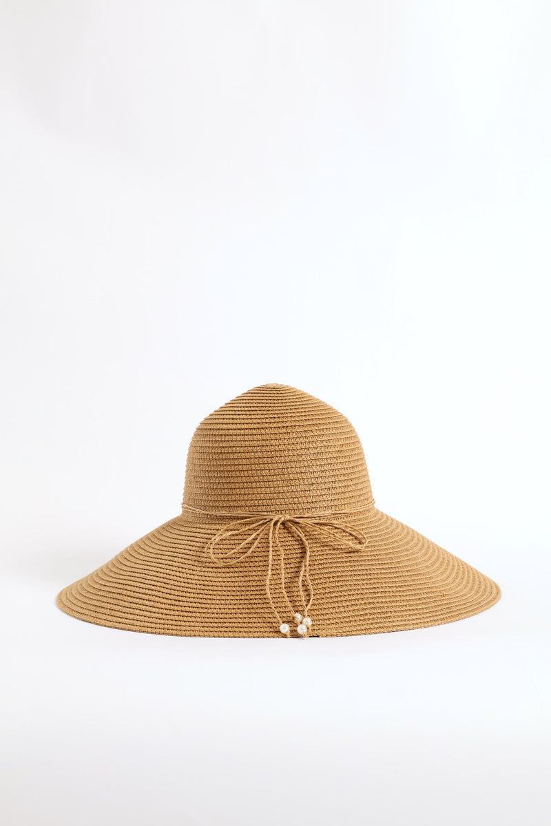 Shell Detail Turn Down Straw Hat - Tan