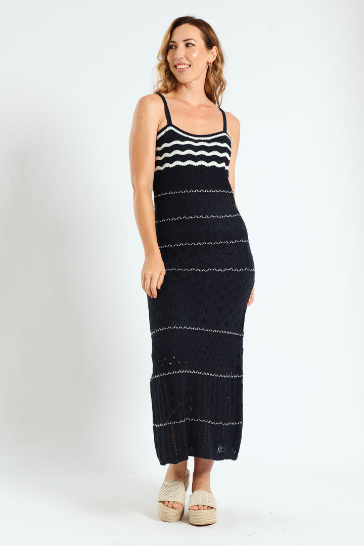 Knitwear Maxi Dress With Lining - Navy/White