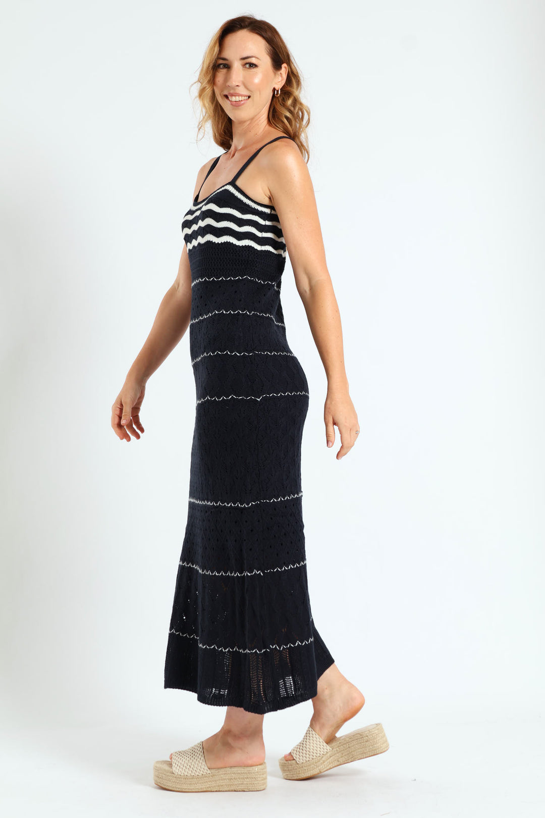 Knitwear Maxi Dress With Lining - Navy/White
