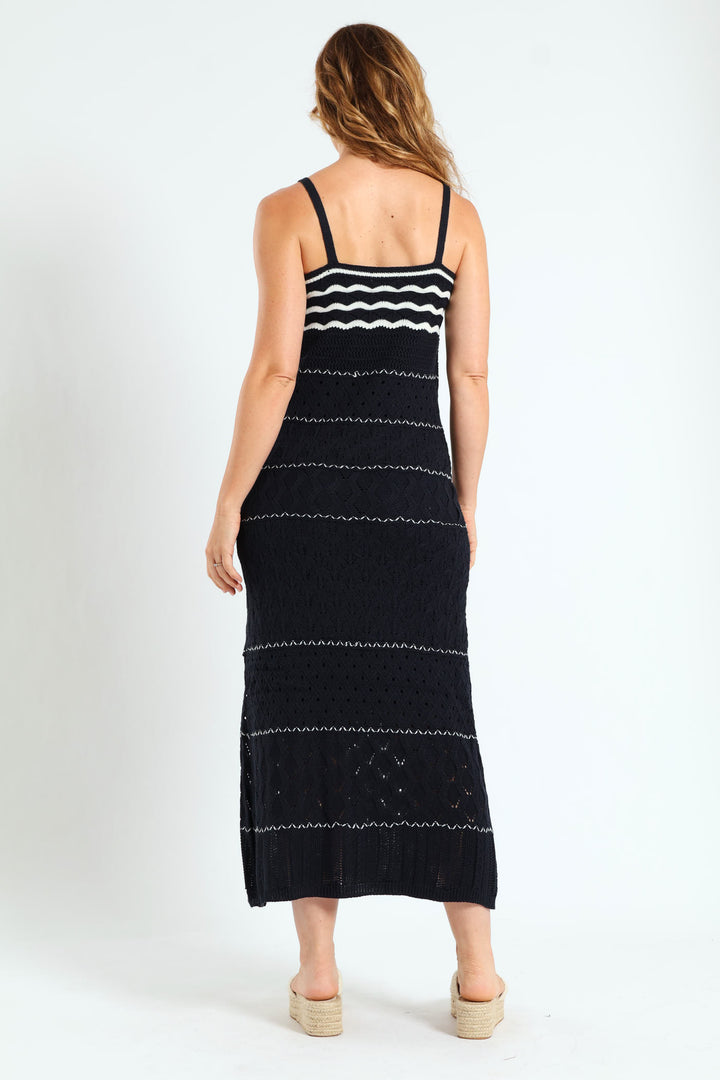 Knitwear Maxi Dress With Lining - Navy/White