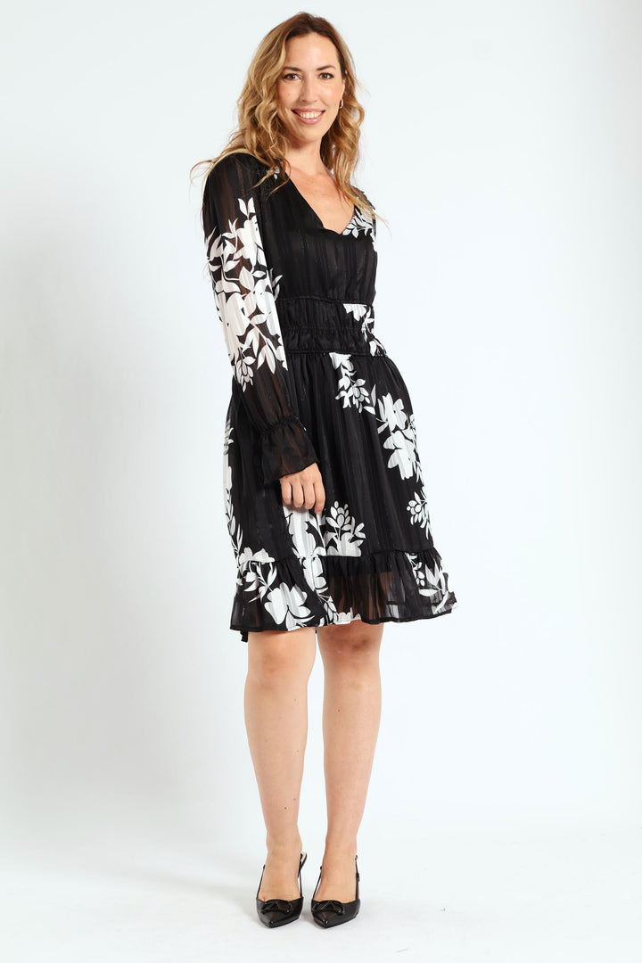 V-Neck Elasticated Waist Tea Dress - Black/White