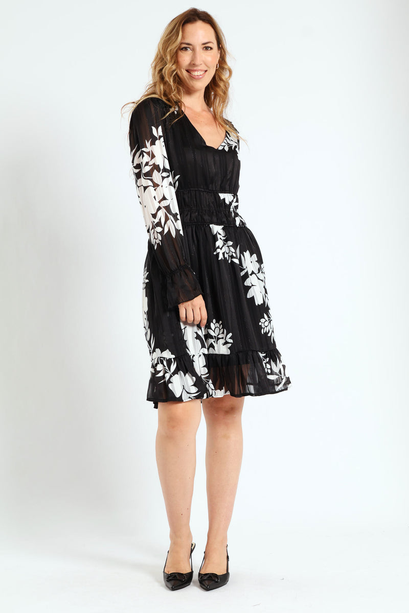 V-Neck Elasticated Waist Tea Dress - Black/White