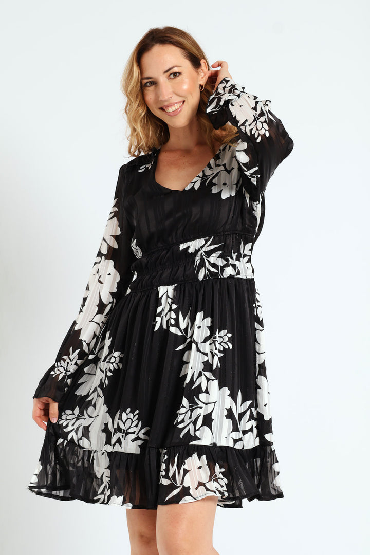 V-Neck Elasticated Waist Tea Dress - Black/White