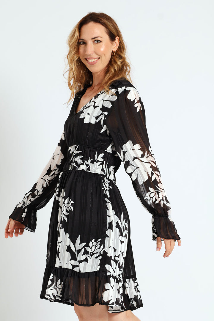 V-Neck Elasticated Waist Tea Dress - Black/White