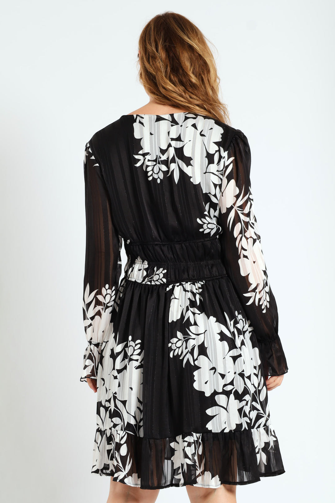 V-Neck Elasticated Waist Tea Dress - Black/White